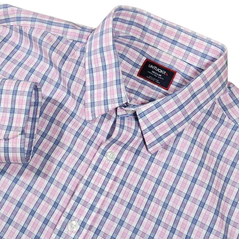 UNTUCKit Mens M Pink Blue White Plaid Long Sleeve Button Up Shirt Colorful Slim
